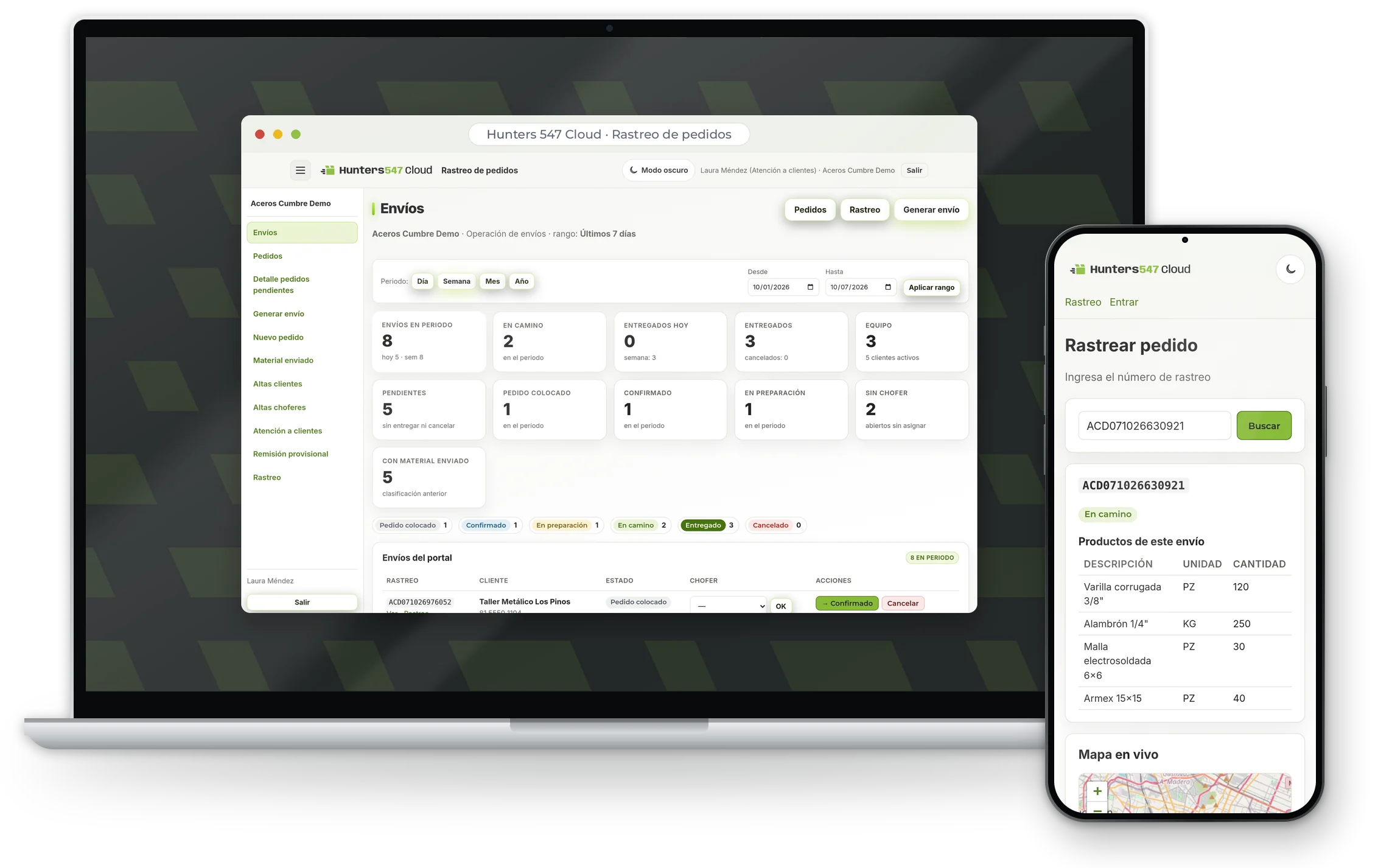 La app en laptop, con el panel de pedidos, y en celular, con el rastreo de un envío en camino