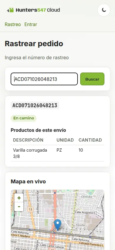 Rastreo público en el celular, con el código y el estado En camino, sin iniciar sesión.
